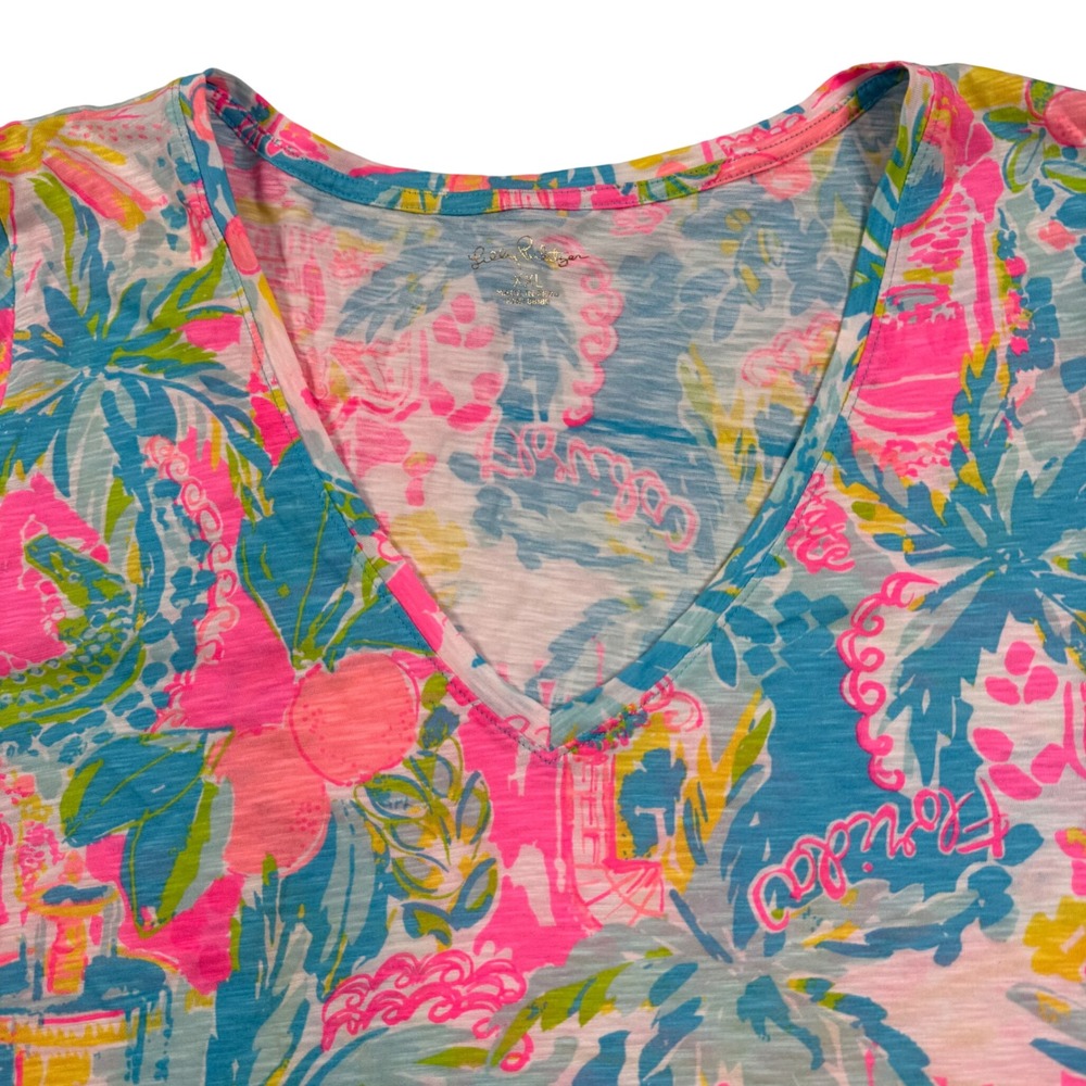Lilly Pulitzer Etta V Neck Top Women XXL Pink Blue Floral Florida Sunshine Shirt